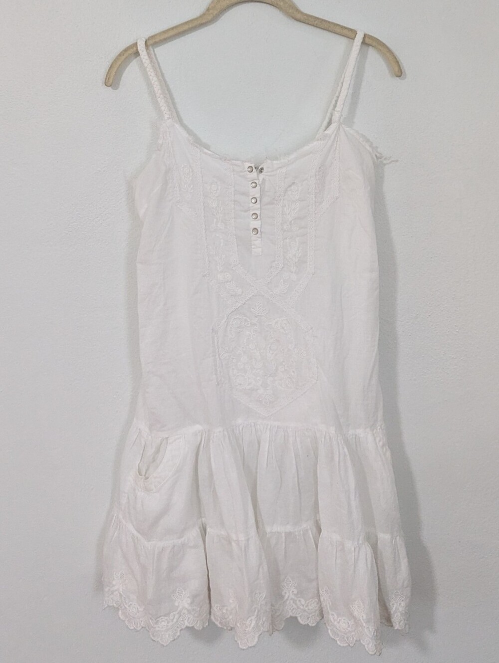 True Religion Y2K Embroidered Floral Mini Slip Dress Tiered Cotton White XS